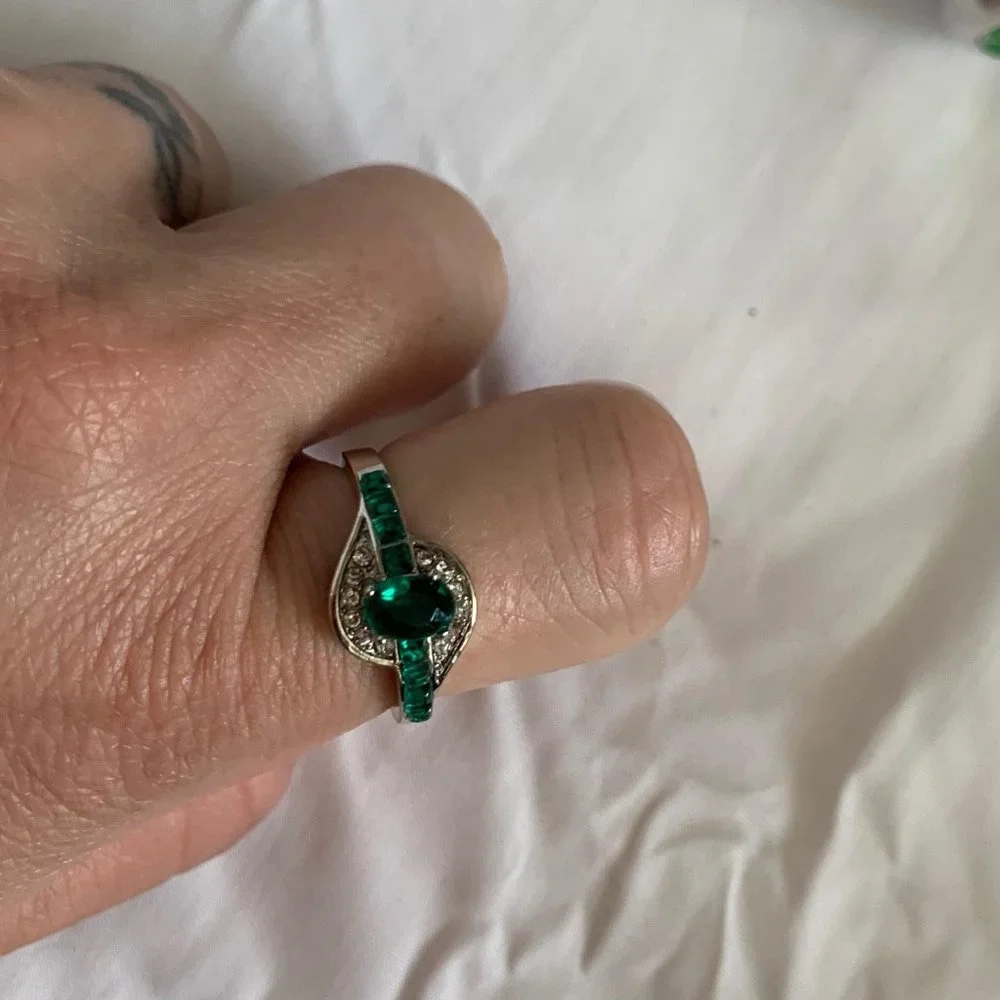 Silver 925 Green and Clear Crystals Ring